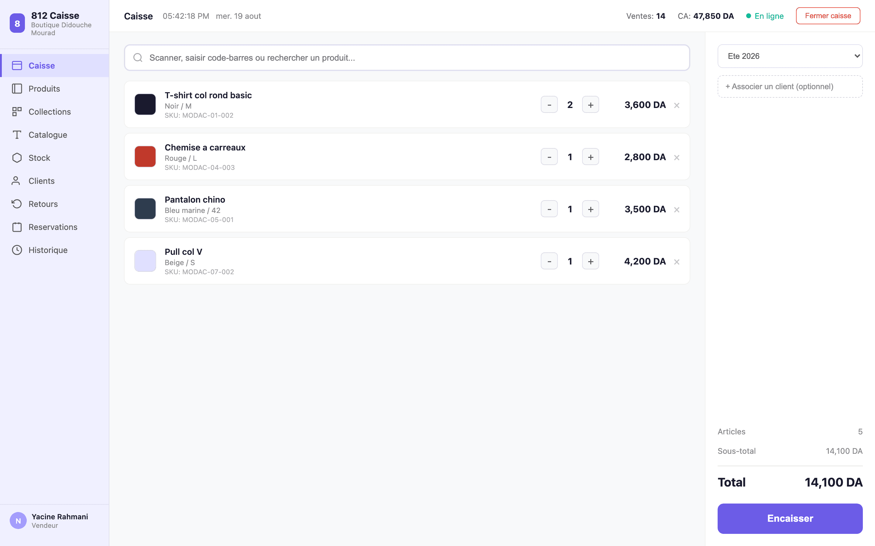 Caisse POS — scan, panier, encaissement
